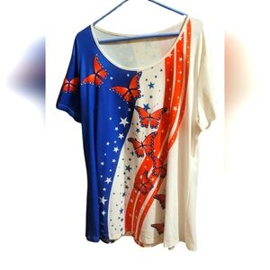 Butterfly Print Women's Top - Blue, Red, White Size 3x PTP 25 Unbranded